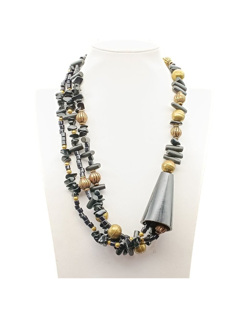 Fabulous Vintage Roxsann Asymmetrical Multi-Strand Black Stone & Brass Beaded